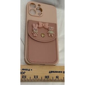 Pink Phone Case For Apple iPhone 13 Pro Max W/Snap Pocket On Back Bunny Bow Bear
